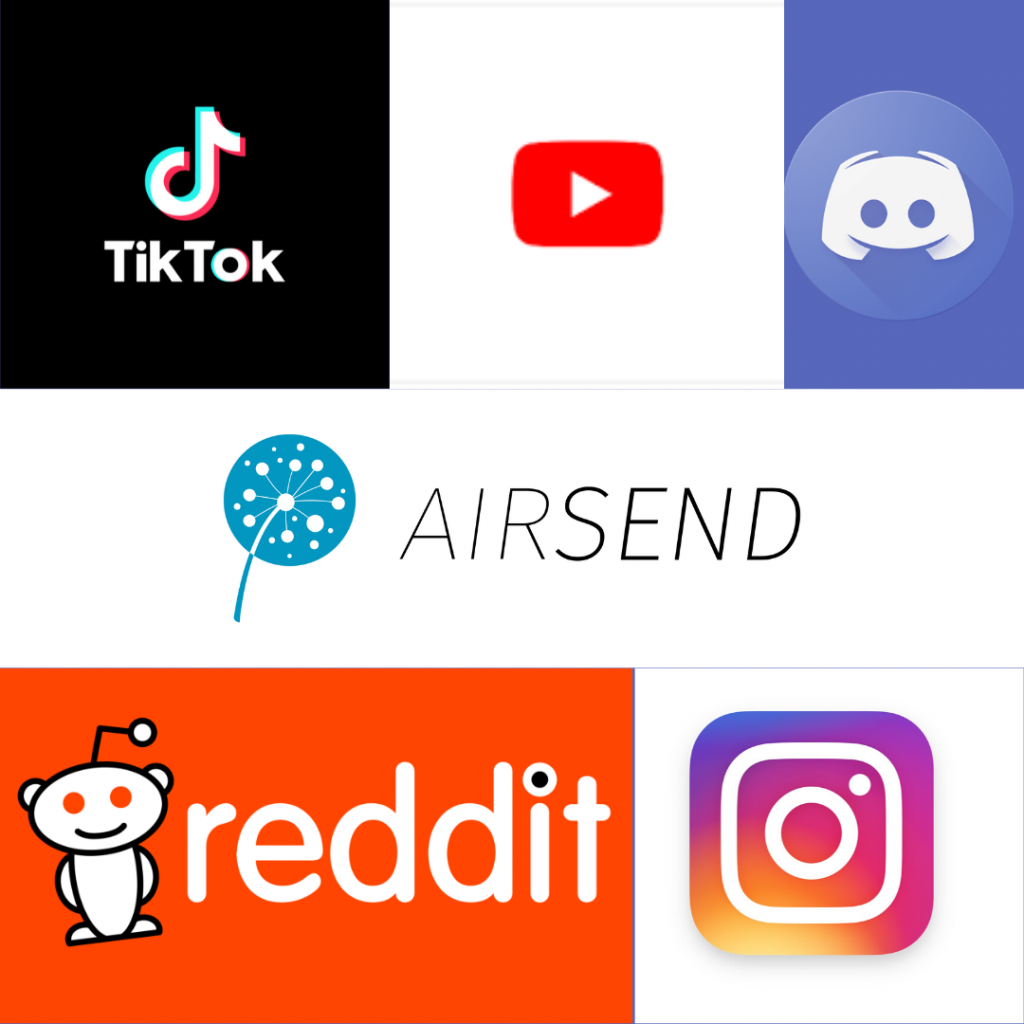 A combination of logos, TikTok, YouTube, Discord, AirSend, Reddit, and Instagram