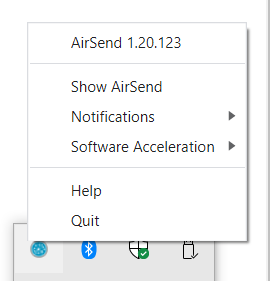 AirSend Icon Right-click menu