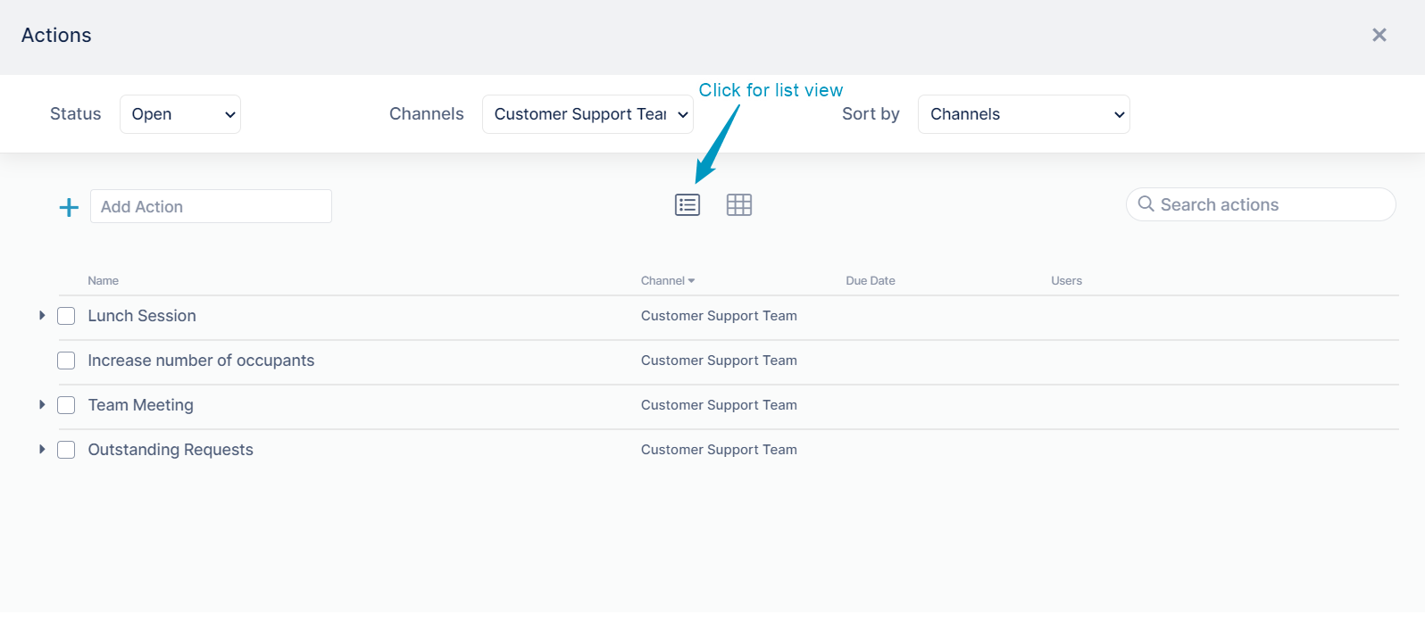 Kanban board, list view